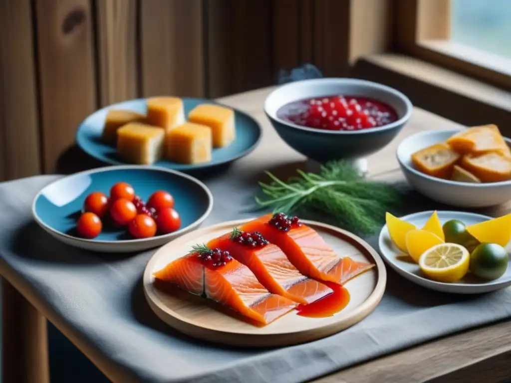 Una mesa de madera rústica con platos tradicionales escandinavos detallados, resaltando la dieta escandinava tradición lagom