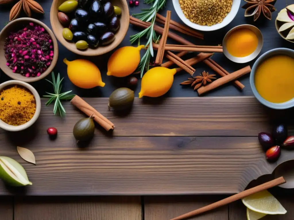 Una mesa de madera rústica repleta de ingredientes culinarios de Medio Oriente y Europa, evocando preferencias alimenticias durante las Cruzadas