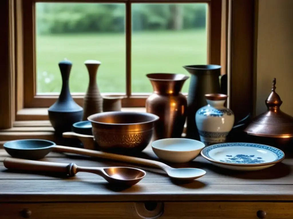 Una mesa de madera rústica con utensilios antiguos de cocina bajo luz natural