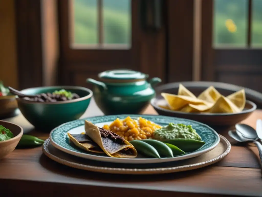 Una mesa de madera rústica con vajilla del siglo XIX y platillos mexicanos tradicionales, iluminada por la luz del sol