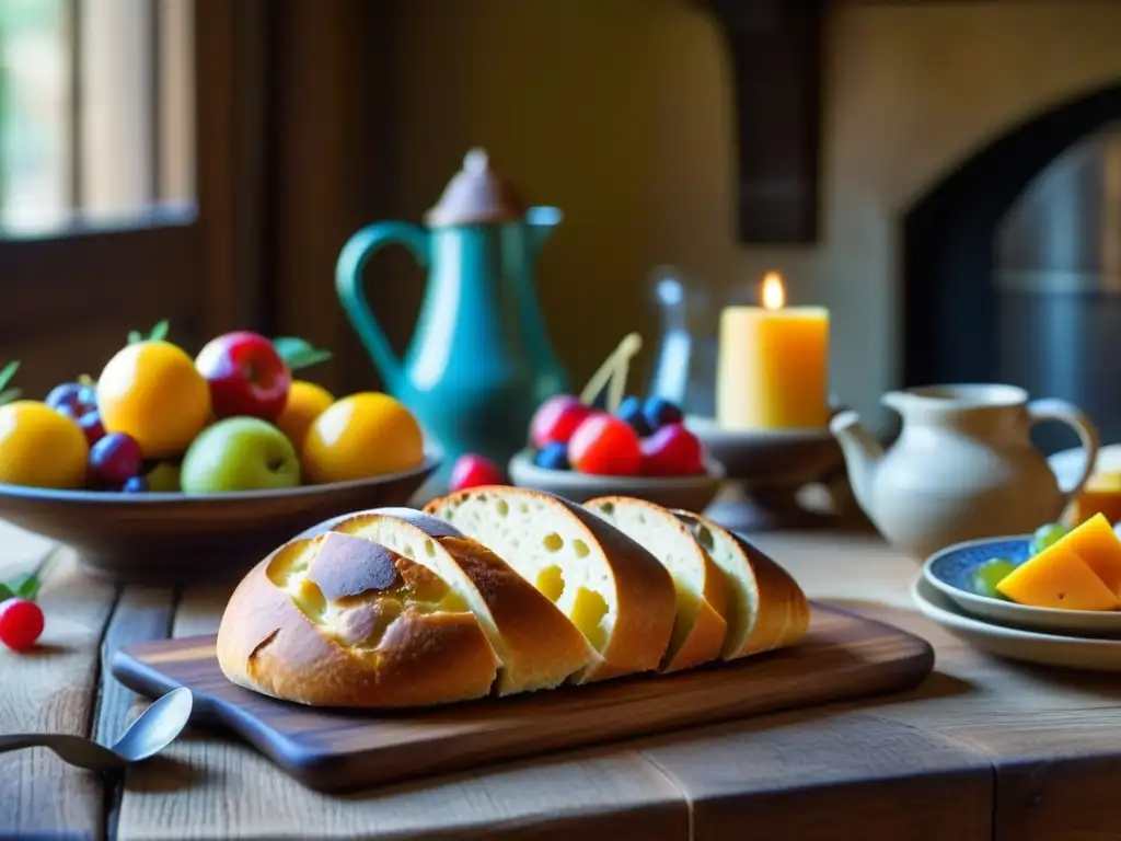 Una mesa medieval con alimentos variados, inspirada en la alimentación benedictina en la historia