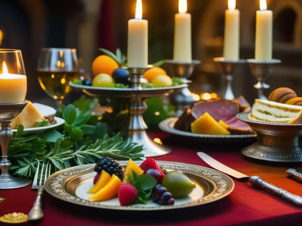 Una mesa medieval cargada de manjares auténticos, iluminada por velas