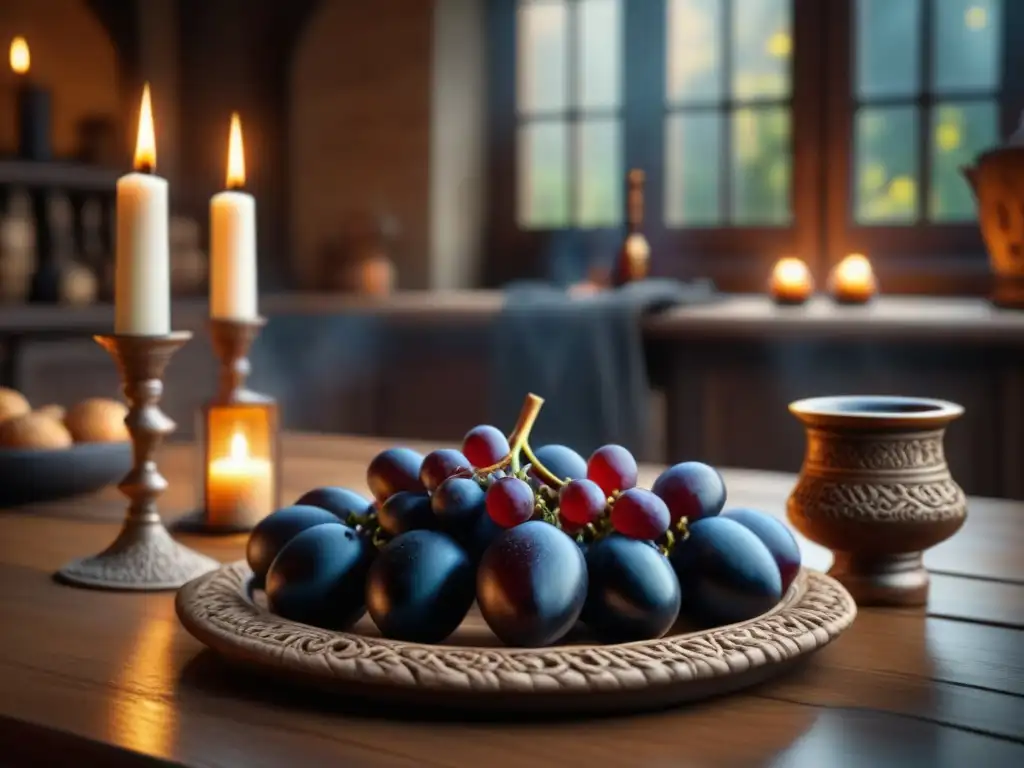 Una mesa medieval con copas de barro llenas de vino tinto, uvas, pan y luz de velas