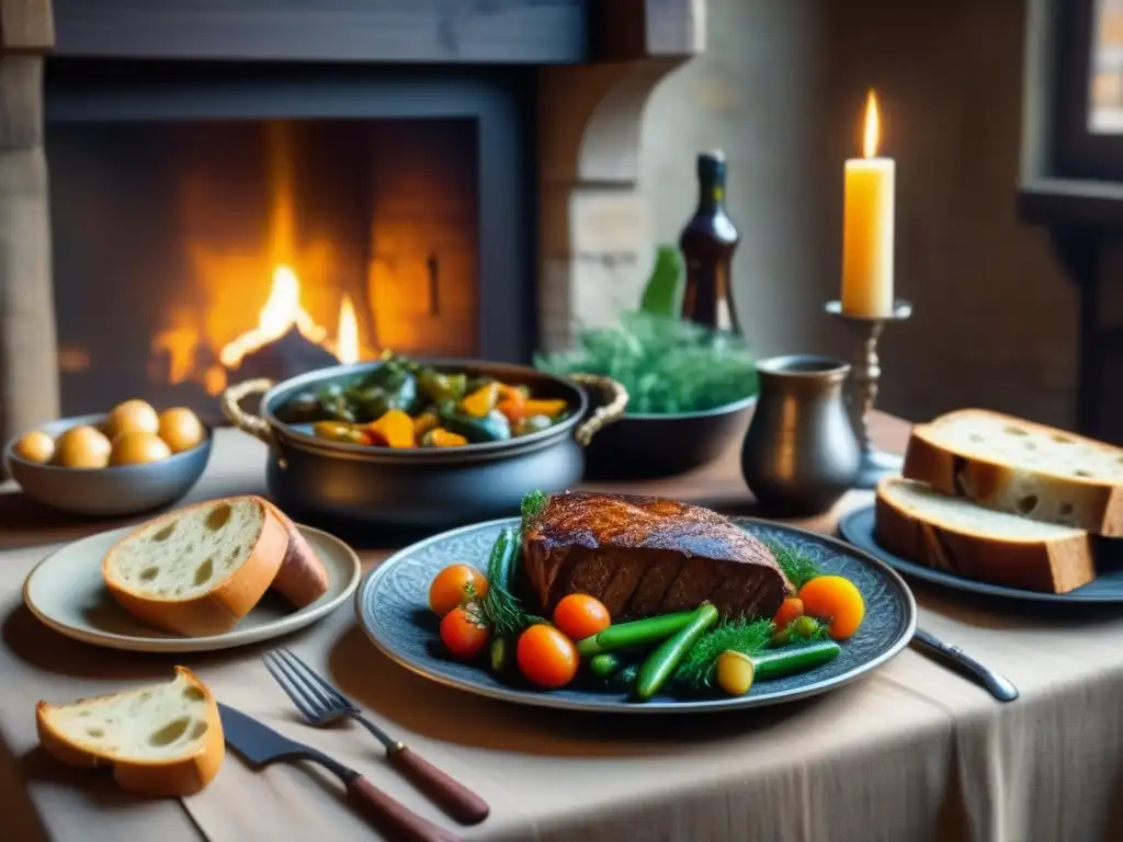 Una mesa medieval ricamente decorada con comida de la Europa medieval: estofados, carnes asadas, pan recién horneado y verduras