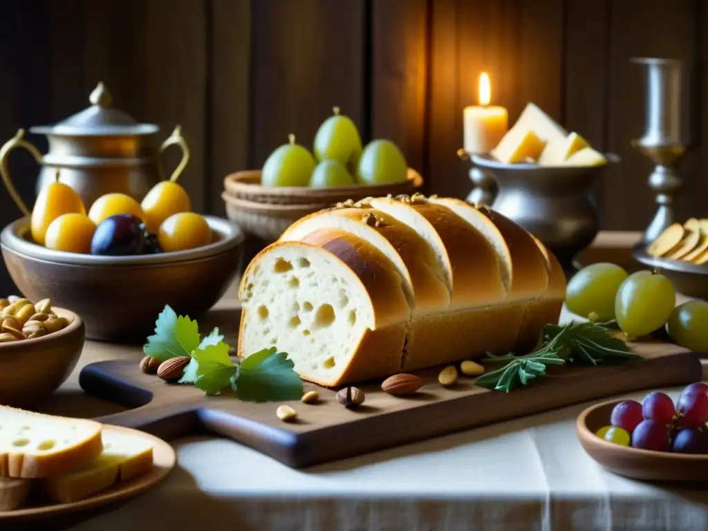 Una mesa medieval detallada con alimentos permitidos en la Edad Media: pan, quesos, frutas y frutos secos en platos de madera rústica