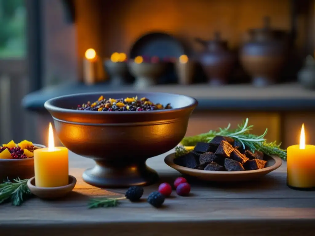 Una mesa medieval detallada con ingredientes de la cocina europea en la Edad Media, iluminada por velas