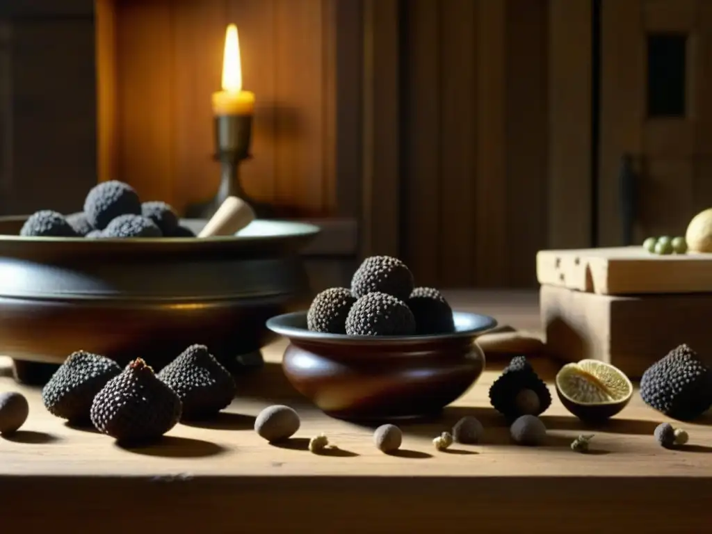 Una mesa medieval enriquecida con trufas frescas, revelando la historia culinaria de 'Trufas en la cocina medieval'