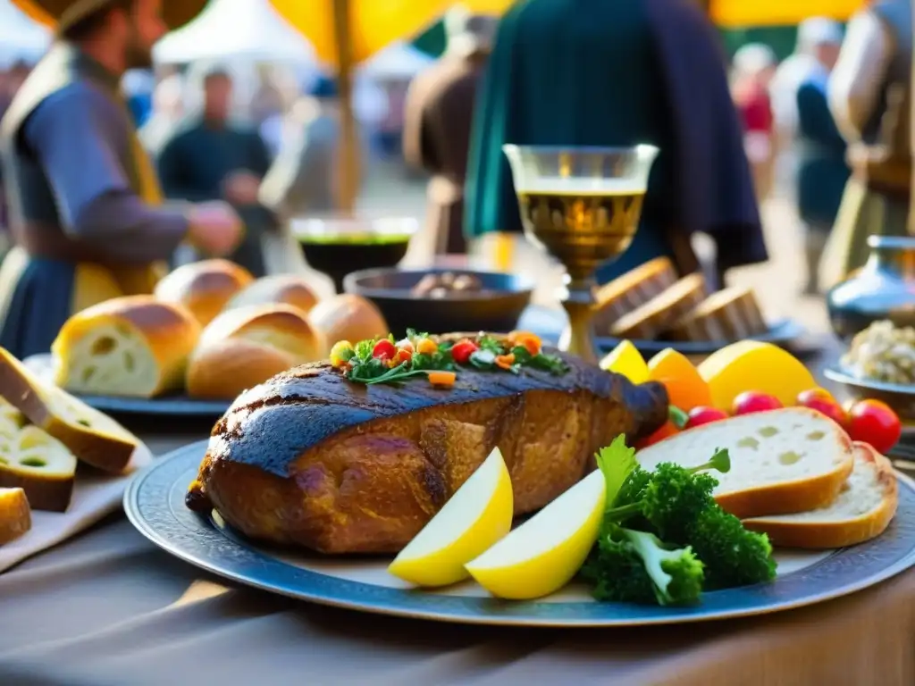 Una mesa de festín medieval en el Festival Medieval de Provins con recetas tradicionales y coloridas, rodeada de un bullicioso mercado histórico