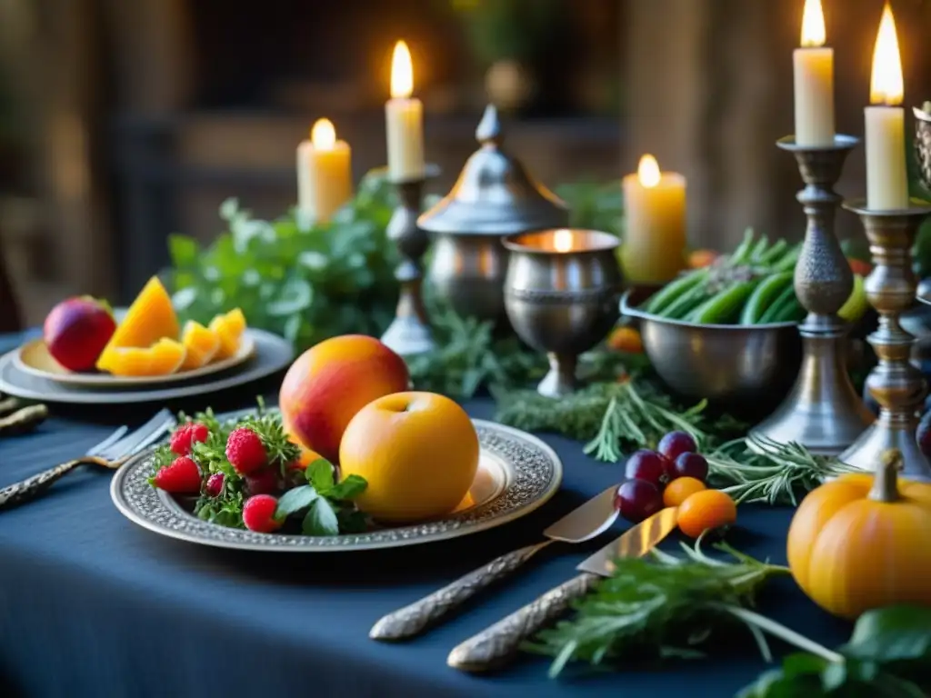 Una mesa de festín medieval con ingredientes orgánicos y decoración detallada, iluminada por velas