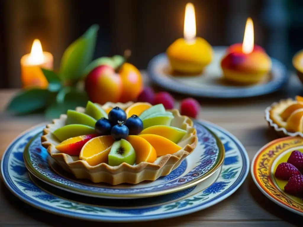 Una mesa medieval europea llena de pasteles frutales históricos, detallados y coloridos, iluminados por velas