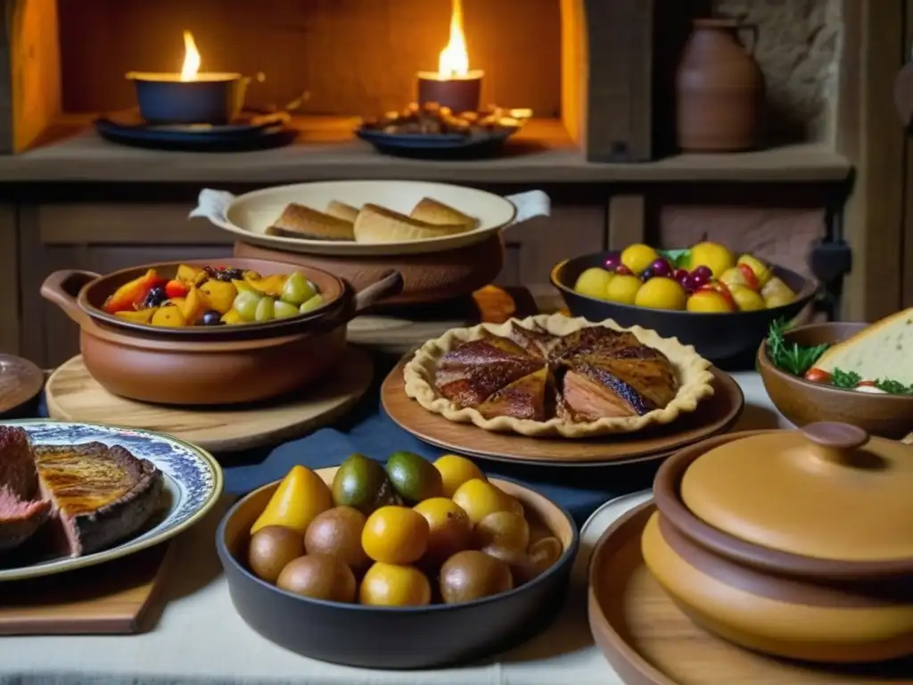 Una mesa medieval llena de recetas históricas cocina medieval, con alimentos coloridos y detallados, iluminada por cálidas velas