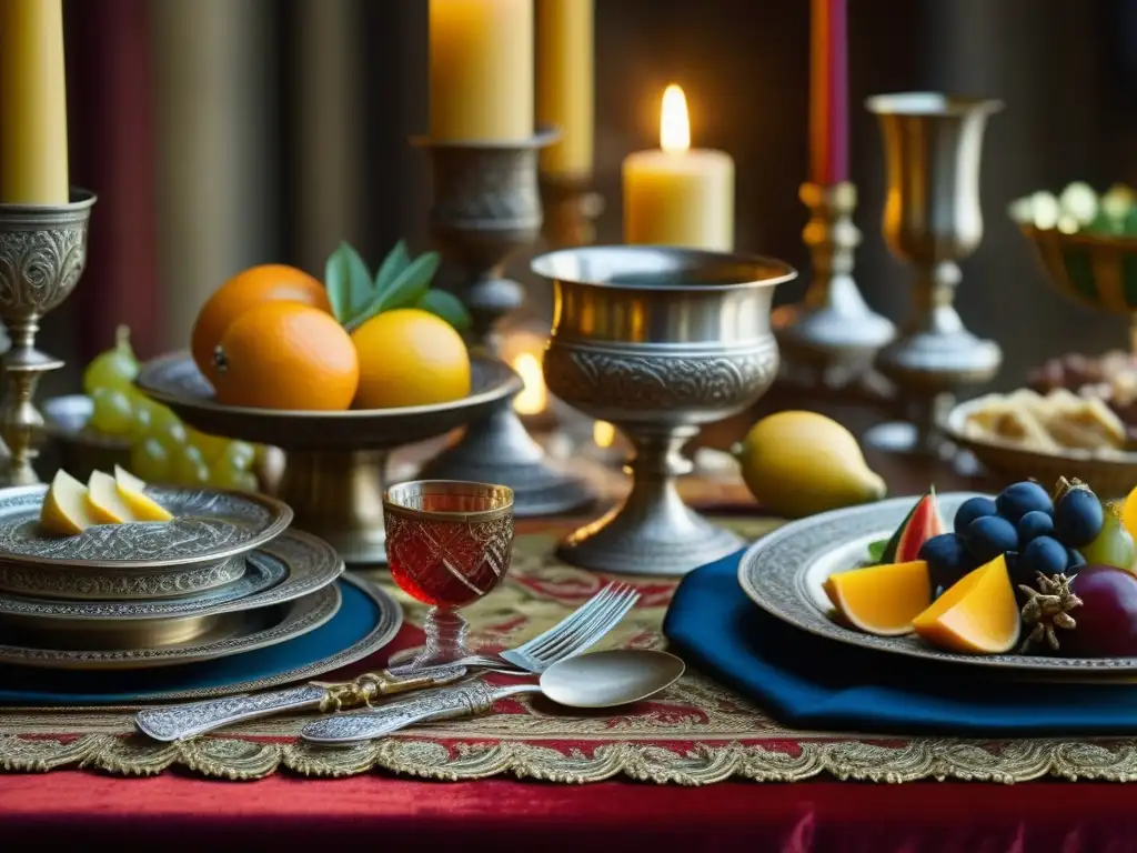 Una mesa medieval lujosa llena de exquisitos platos y decoraciones, reflejando la importancia de la comida en festines de poder en la Edad Media