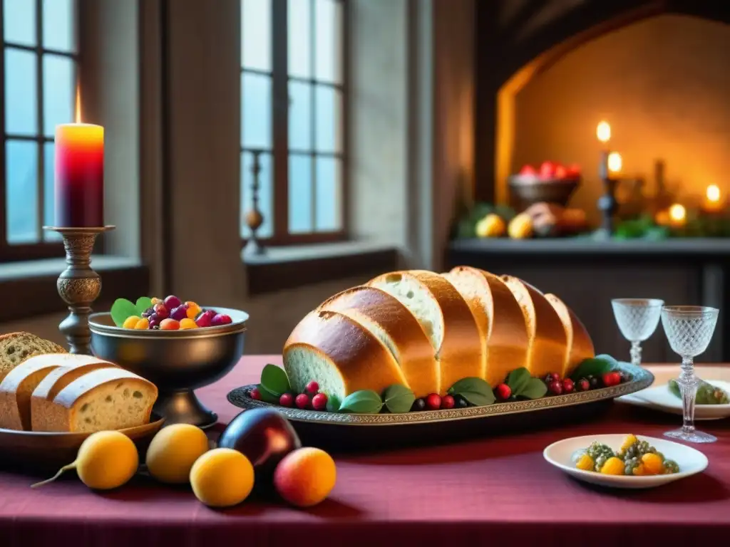 Una mesa medieval rebosante de comidas festivas para explorar: frutas, panes, carnes asadas y vino tinto, iluminada por candelabros