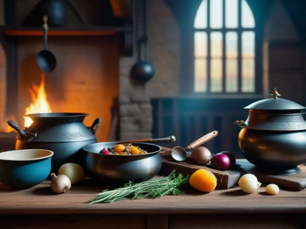 Una mesa medieval rebosante de ingredientes y utensilios de cocina sostenible en la Edad Media