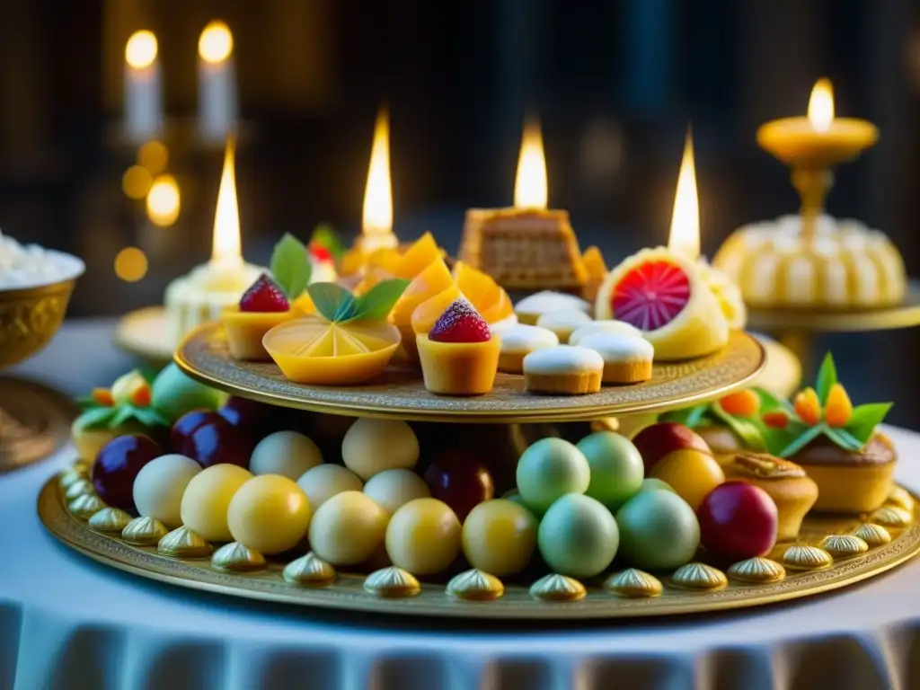 Una mesa medieval rebosante de postres y pastelería fina, iluminada por velas