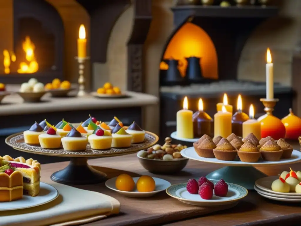 Una mesa medieval rebosante de postres en la cocina medieval, iluminada por velas