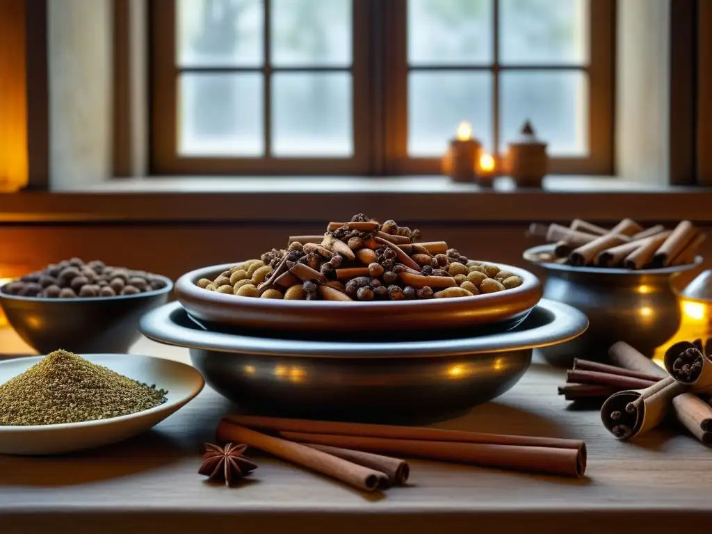 Una mesa medieval repleta de especias vibrantes y aromáticas, iluminadas por luz cálida