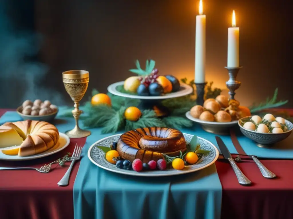 Una mesa medieval con tabúes alimentarios de la Edad Media: carnes, frutas, cráneo, serpiente y flor marchita