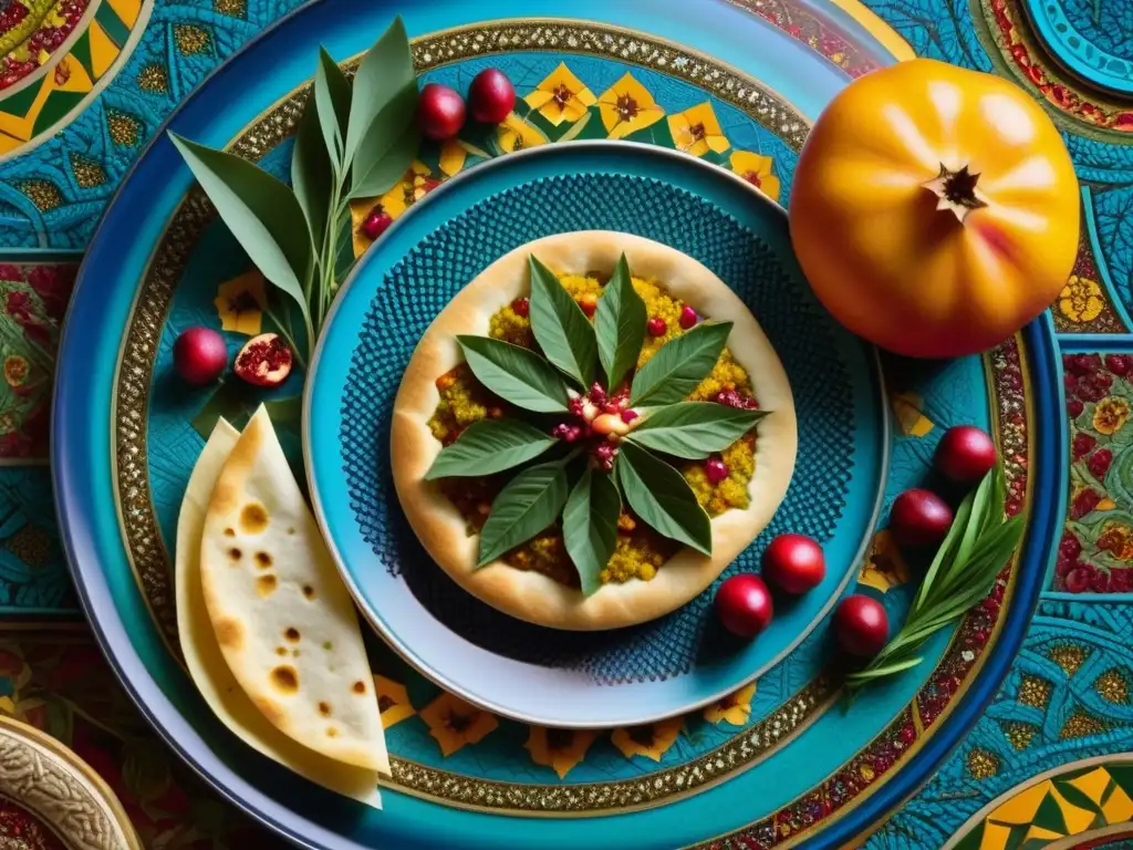 Una mesa de mosaico fusionando elementos culinarios persas y armenios: granadas, azafrán, lavash, dolma y kebabs en armonía