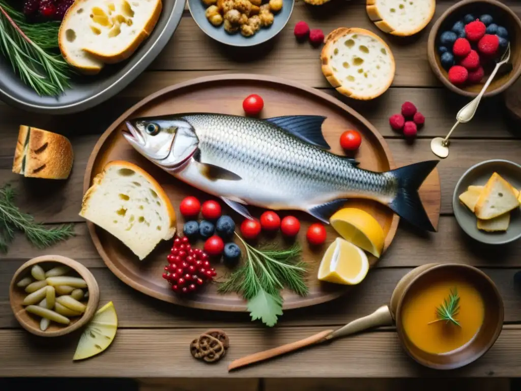 Una mesa de festín nórdico pre-vikingo con pescado, carne de caza, bayas y pan rústico