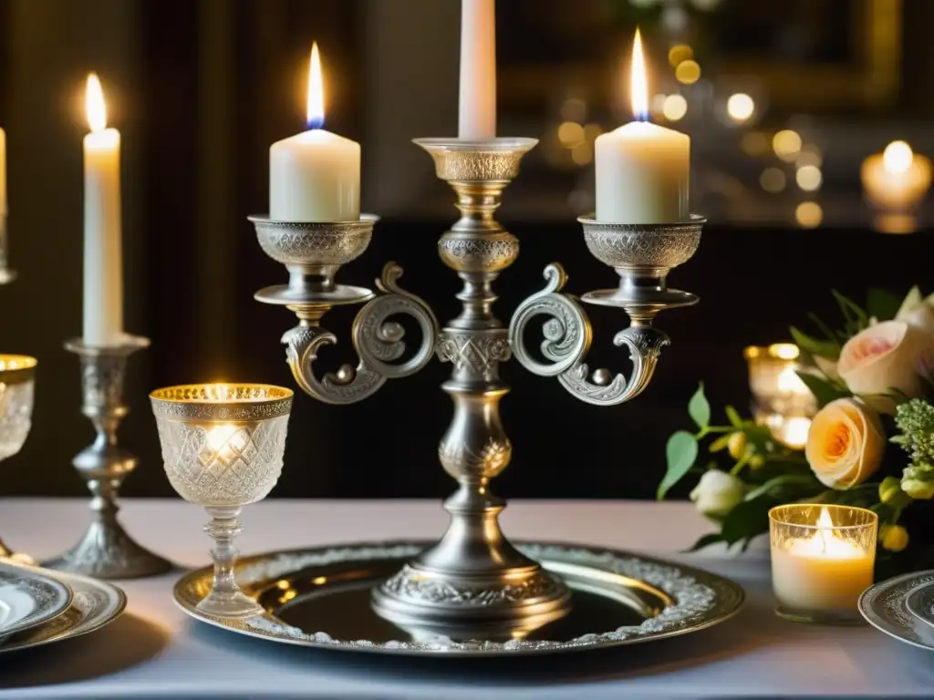 Una mesa opulenta con candelabro de plata detallado y velas encendidas, reflejando la belleza de una cena histórica