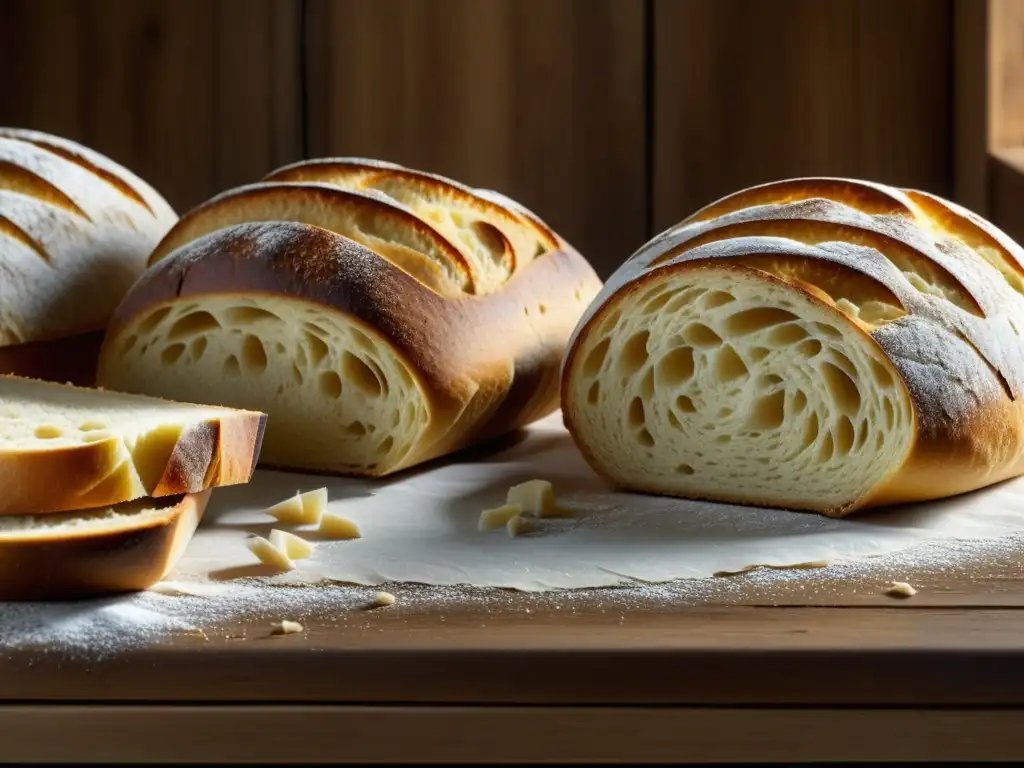 Una mesa de panadería rústica con pan artesanal recién horneado, destacando la historia de las máquinas para hacer pan artesanal