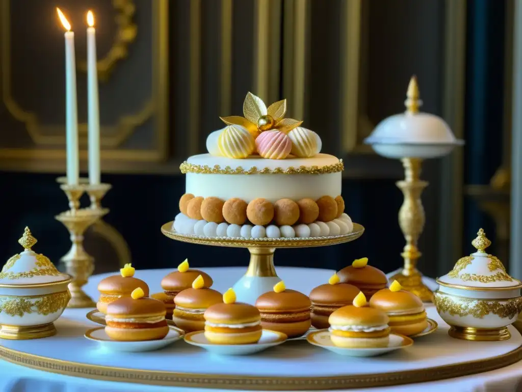 Una mesa de postres barroca francesa desbordante de esculturas de azúcar y pastelería, resaltando la importancia histórica del azúcar