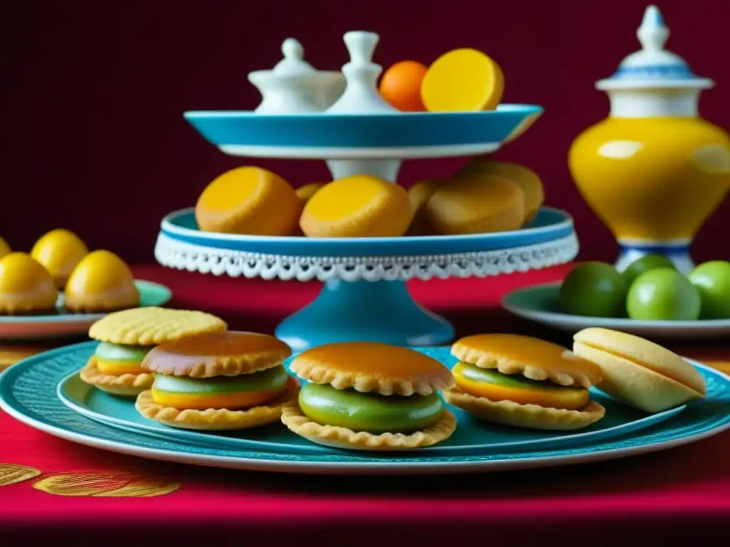 Una mesa de postres criollos Hispanoamérica, con dulces y pasteles coloridos en platos de porcelana vintage