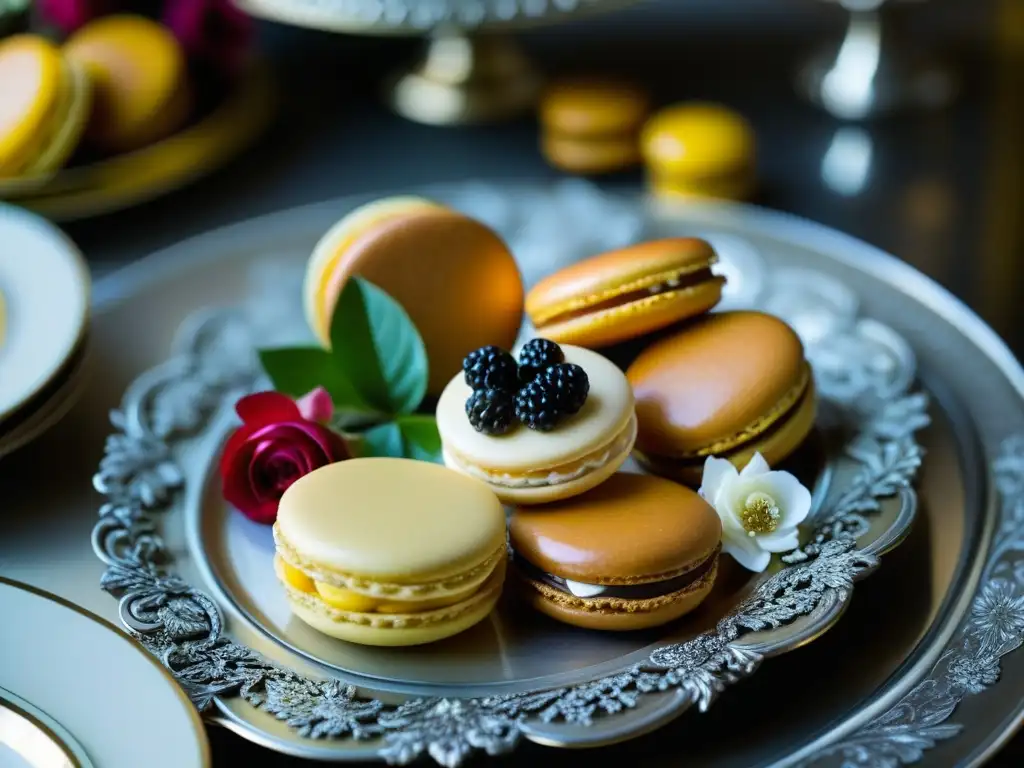 Una mesa de postres franceses del siglo XVIII, detallada y exquisita, con pasteles, macarons, esculturas de azúcar y adornos elegantes