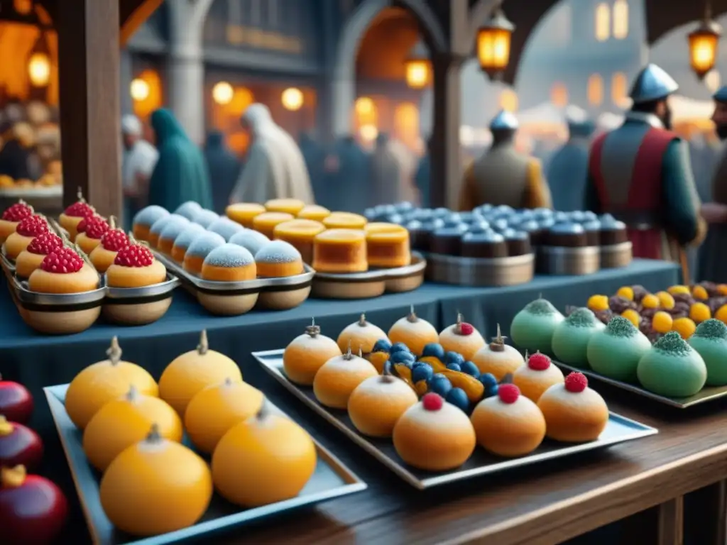 Una mesa de postres históricos en una bulliciosa plaza de las Cruzadas, fusionando culturas