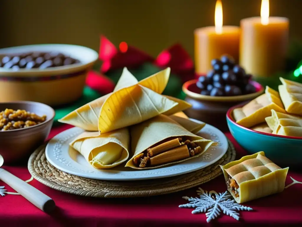 Una mesa de postres navideños tradicionales hispanos con coloridos tamales, buñuelos, panettone y natilla