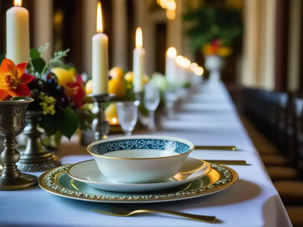 Una mesa elegantemente preparada en la histórica corte de Catalina, con detalles lujosos y una opulenta decoración floral