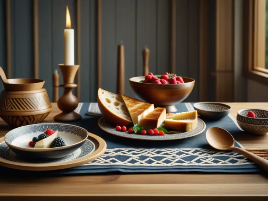 Una mesa PreVikinga con utensilios de madera, cuernos y alimentos, decorada con patrones nórdicos y luz natural