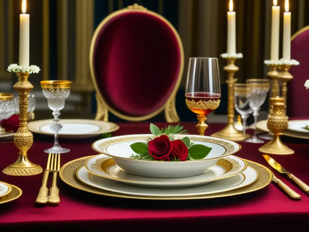 Una mesa real de banquete con cubiertos dorados, vajilla exquisita y copas de vino tinto, rodeada de lujo y sofisticación