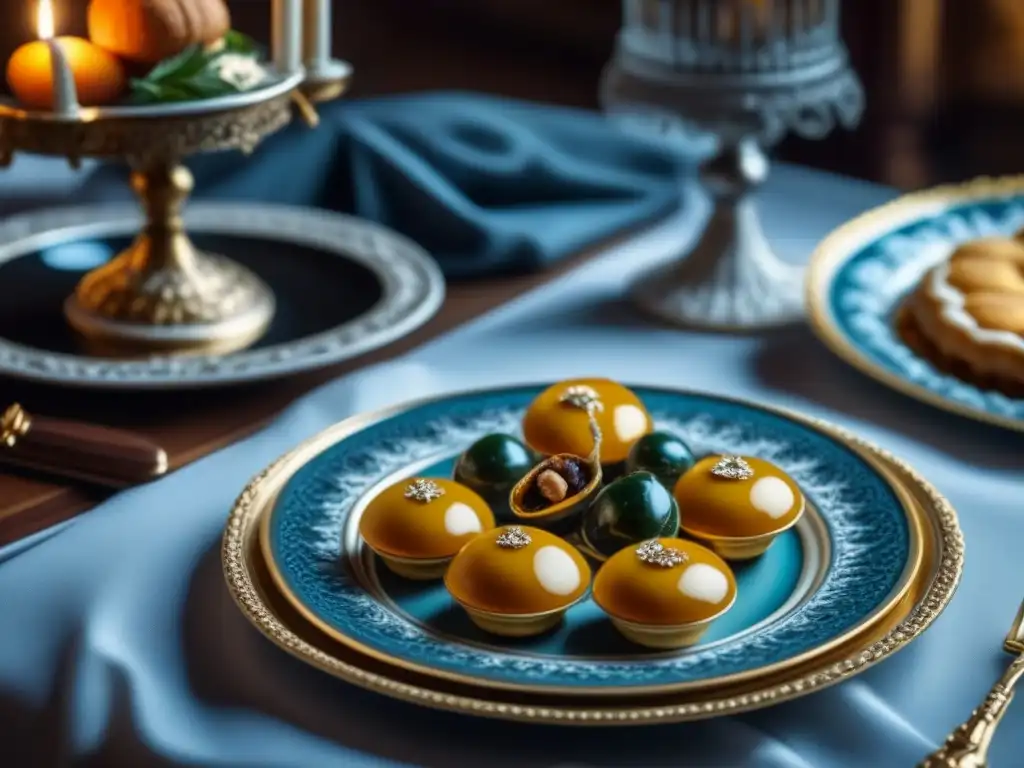 Una mesa real del Barroco con exquisitos platos franceses como foie gras y caracoles, mostrando la opulencia de la dieta barroca