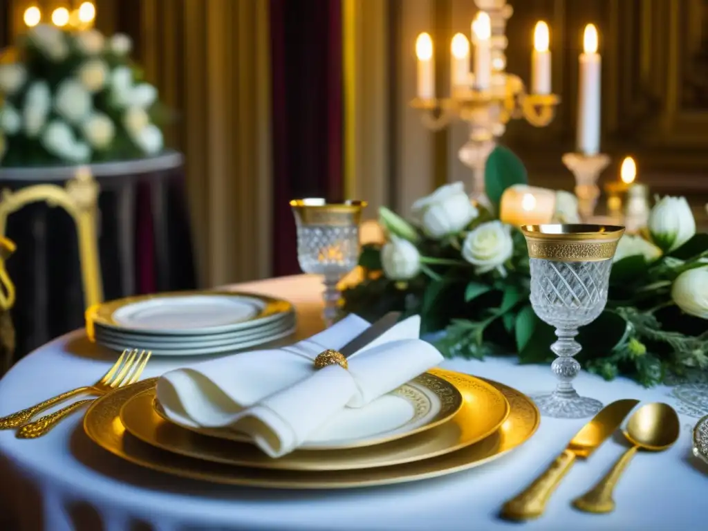 Una mesa real con cubiertos de plata y vajilla fina, copas de cristal brillando a la luz de las velas