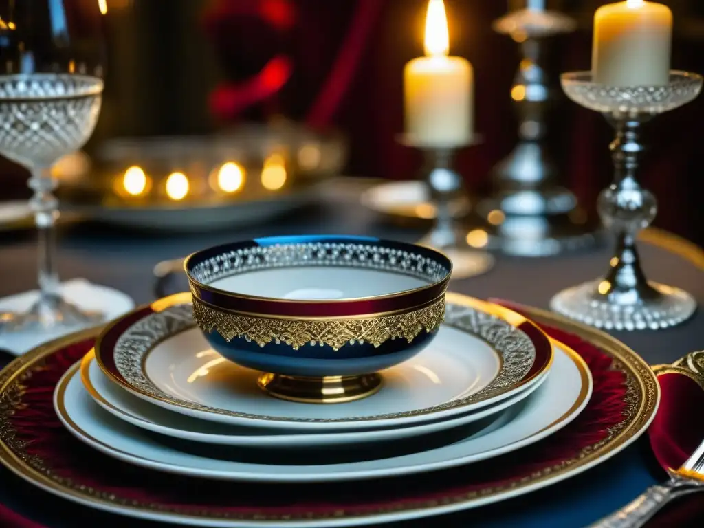 Una mesa real francesa durante el reinado de Luis XIV, con cubiertos y platos ornamentados, copas de vino y una cena opulenta