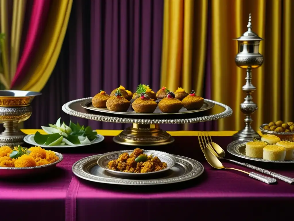 Una mesa real de la India antigua con exquisitas comidas y decoraciones, reflejando la opulencia de los banquetes reales en la historia de la India