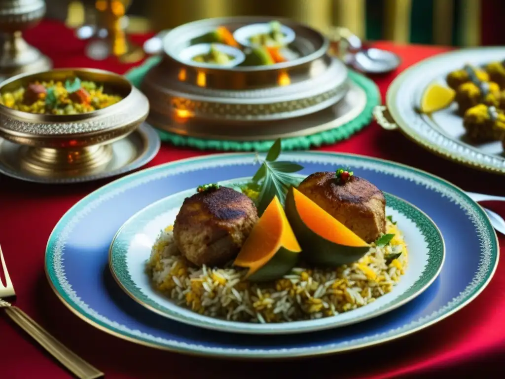 Una mesa real en India con exquisitas comidas tradicionales como biryani y kebabs, reflejando opulencia y la historia culinaria india