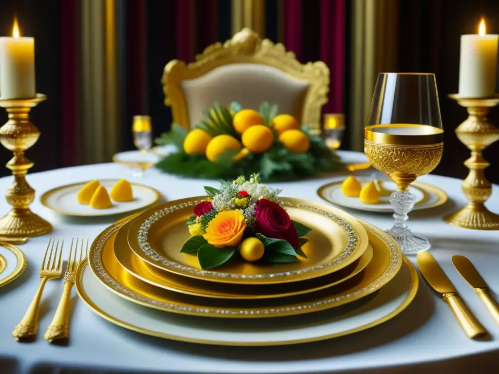 Una mesa real lujosa con banquetes detallados, influencia de banquetes reales y gastronomía actual