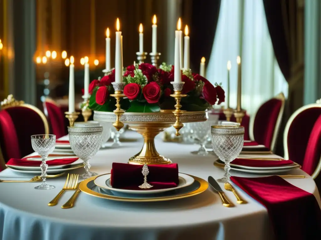 Una mesa real lujosa y detallada con vajilla de oro, cubiertos de plata y copas de vino tinto, rodeada de sillas de terciopelo y candelabros plateados