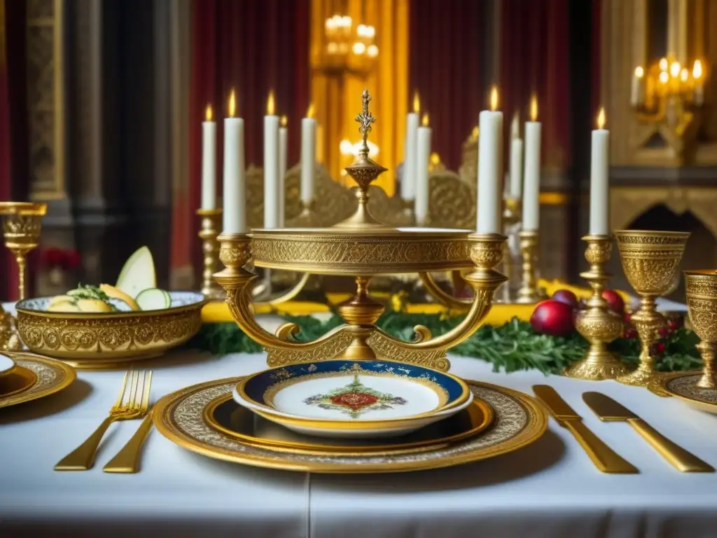 Una mesa real medieval lujosa con cubertería dorada, vajilla decorada, platillos decadentes y ambiente opulento