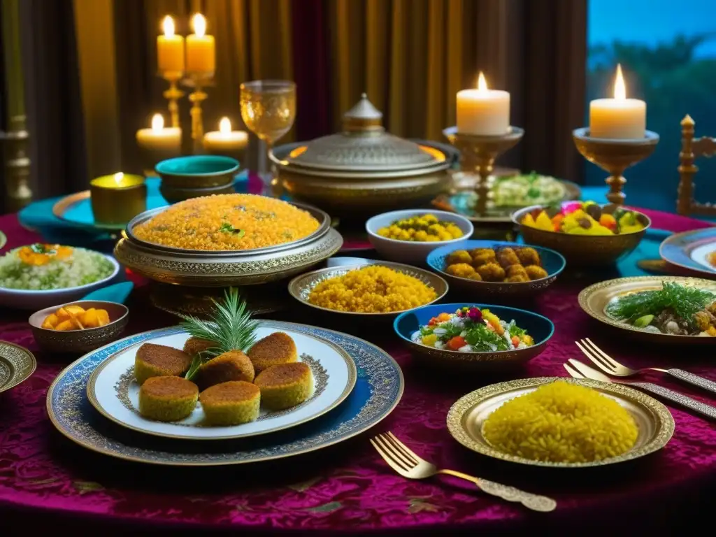 Una mesa real persa con platos dorados y exquisitos manjares, reflejando la opulencia de antiguos festines