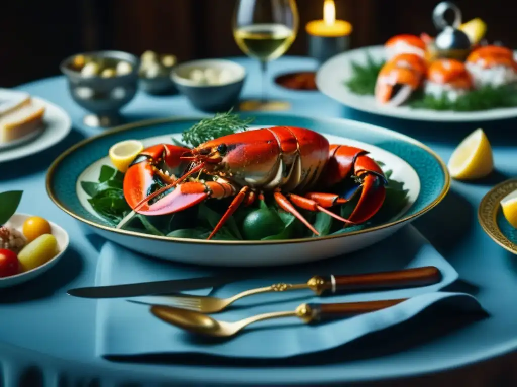 Una mesa renacentista rebosante de mariscos exquisitamente preparados, resaltando la importancia mariscos gastronomía renacentista