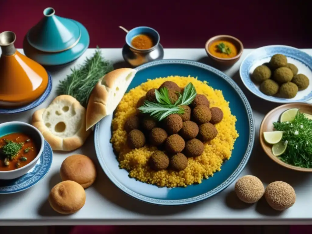 Exquisita mesa de festín judío marroquí: couscous, tagine y más Una mesa rebosante de un festín tradicional de la cocina judía magrebí, con vibrantes platos como cuscús, tagine, falafel y sopa harira