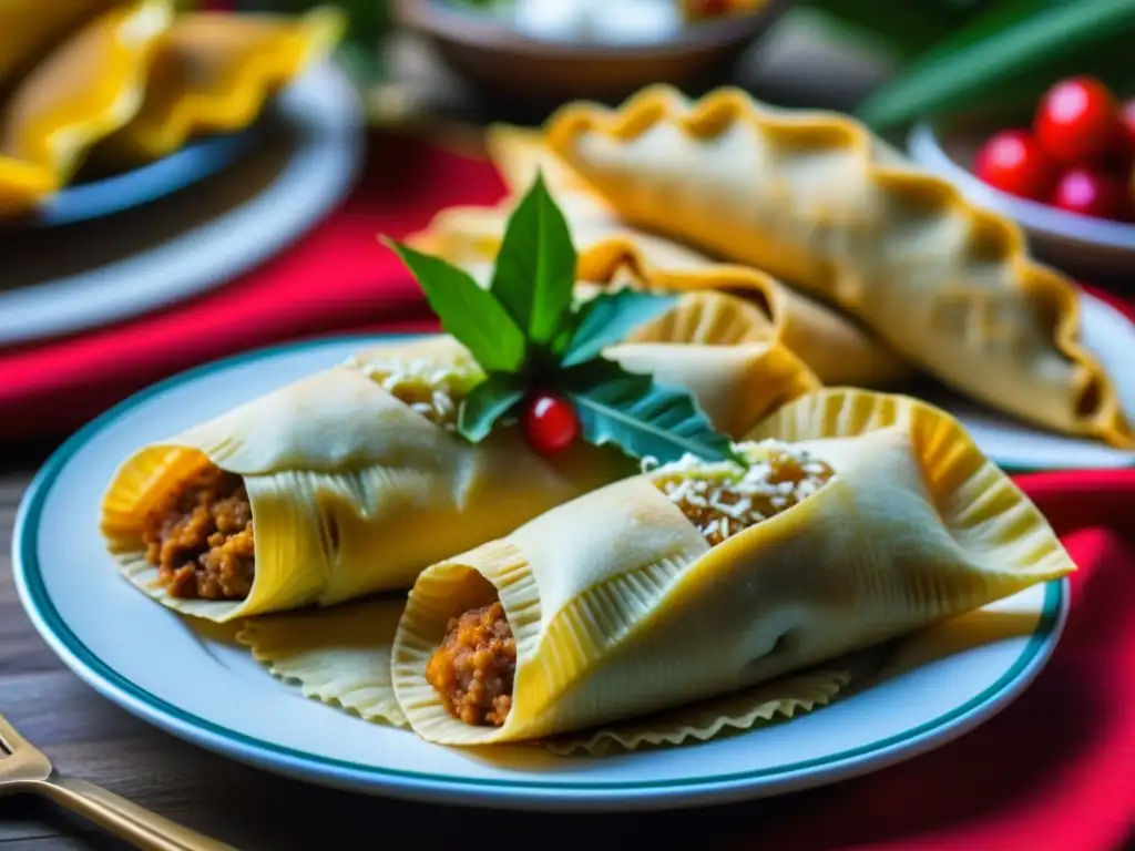 Una mesa navideña con recetas hispanoamericanas tradicionales como tamales y empanadas, decoradas con detalles festivos