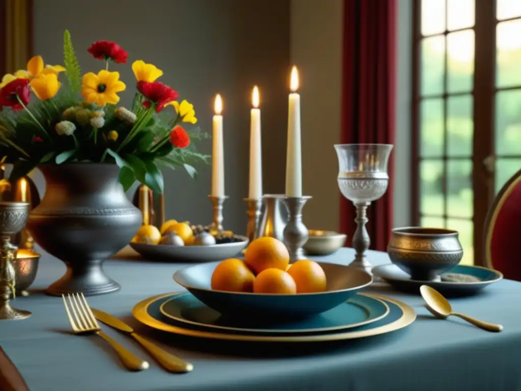 Decoración de mesa con recetas históricas culturales, vajilla antigua y flores vibrantes