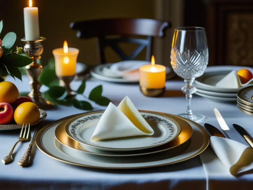 Una mesa renacentista exquisitamente decorada con cubiertos de plata, vajilla de porcelana, frutas vibrantes y servilletas de lino, iluminada por velas