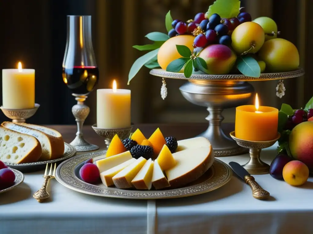 Una mesa renacentista bellamente decorada con una variedad de frutas, quesos y vino