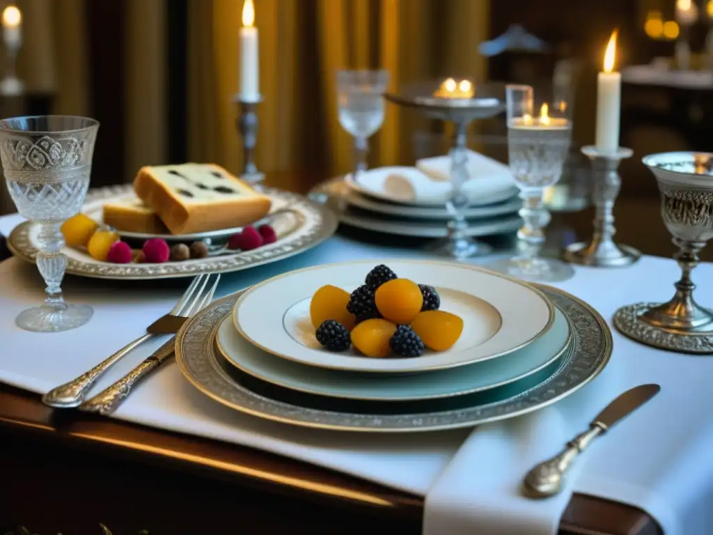 Una mesa renacentista detallada con cubertería de plata, copas de cristal y platos italianos históricos